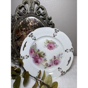 VTG Bavaria Schwarzenhammer Rose Handled Porcelain Serving Plate Gold Detail